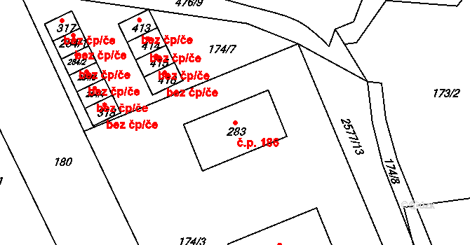 Hrádek na Vlárské dráze 186, Slavičín na parcele st. 283 v KÚ Hrádek na Vlárské dráze, Katastrální mapa