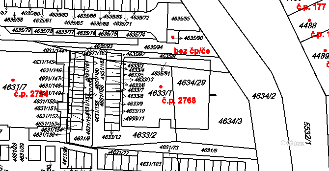 Východní Předměstí 2768, Plzeň na parcele st. 4633/1 v KÚ Plzeň, Katastrální mapa