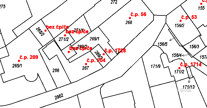 Rychnov nad Kněžnou 1728 na parcele st. 269/3 v KÚ Rychnov nad Kněžnou, Katastrální mapa