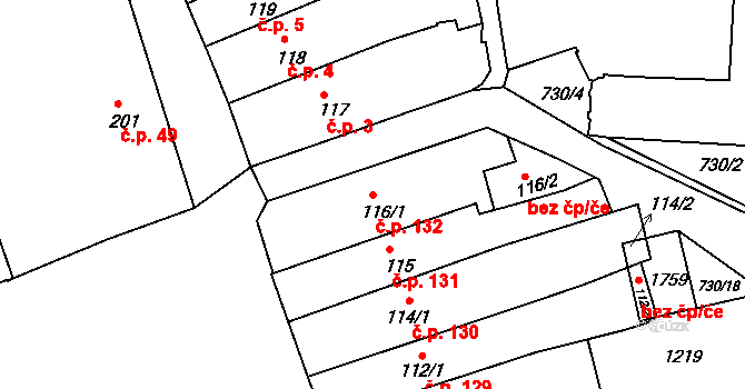 Broumov 132 na parcele st. 116/1 v KÚ Broumov, Katastrální mapa