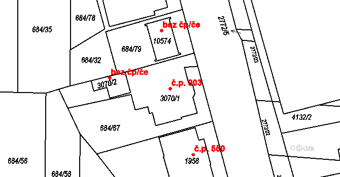 Bílé Předměstí 903, Pardubice na parcele st. 3070/1 v KÚ Pardubice, Katastrální mapa