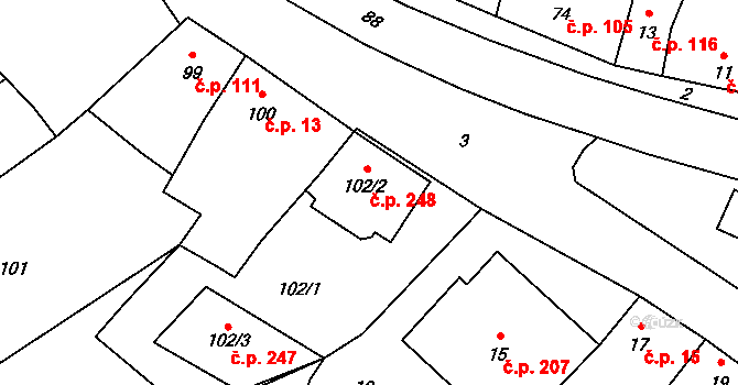 Přerov XII-Žeravice 248, Přerov na parcele st. 102/2 v KÚ Žeravice, Katastrální mapa