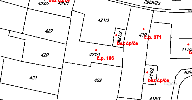 Mohelnice 186 na parcele st. 421/1 v KÚ Mohelnice, Katastrální mapa