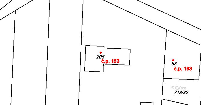 Nepomuk 153 na parcele st. 205 v KÚ Nepomuk pod Třemšínem, Katastrální mapa