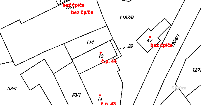 Liběšovice 44, Blšany na parcele st. 13 v KÚ Liběšovice, Katastrální mapa