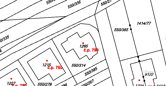 Prštné 799, Zlín na parcele st. 1265 v KÚ Prštné, Katastrální mapa