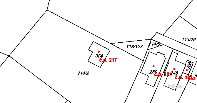 Písty 217 na parcele st. 384 v KÚ Písty u Nymburka, Katastrální mapa