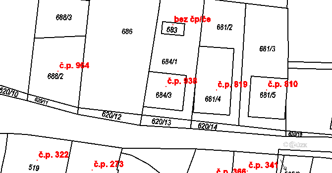 Klobouky u Brna 938 na parcele st. 684/3 v KÚ Klobouky u Brna, Katastrální mapa
