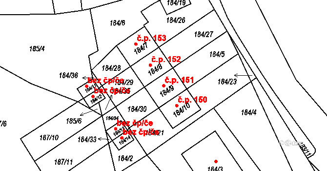 Jenišov 151 na parcele st. 184/9 v KÚ Jenišov, Katastrální mapa