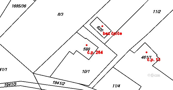 Bukovec 264 na parcele st. 598 v KÚ Bukovec u Jablunkova, Katastrální mapa