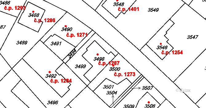 Roztoky 1287 na parcele st. 3498 v KÚ Žalov, Katastrální mapa