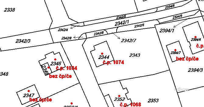 Frýdlant 1074 na parcele st. 2344 v KÚ Frýdlant, Katastrální mapa