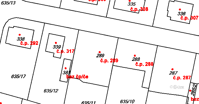Předměřice nad Labem 289 na parcele st. 289 v KÚ Předměřice nad Labem, Katastrální mapa