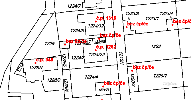 Hulín 1262 na parcele st. 1224/22 v KÚ Hulín, Katastrální mapa