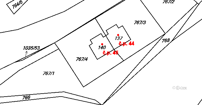 Horní Rokytňany 45, Rokytňany na parcele st. 140 v KÚ Horní Rokytňany, Katastrální mapa