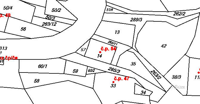 Domoradice 54, Vysoké Mýto na parcele st. 14 v KÚ Domoradice, Katastrální mapa