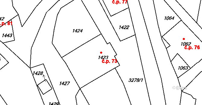 Radiměř 73 na parcele st. 1423 v KÚ Radiměř, Katastrální mapa