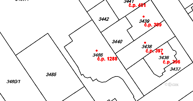 Černá Pole 1288, Brno na parcele st. 3486 v KÚ Černá Pole, Katastrální mapa