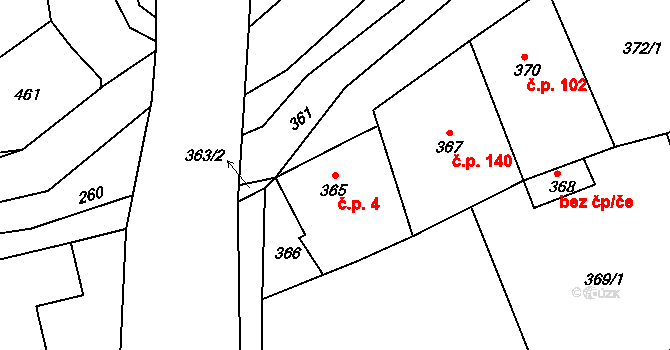 Podlázky 4, Mladá Boleslav na parcele st. 365 v KÚ Podlázky, Katastrální mapa