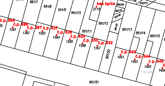 Rosice 630 na parcele st. 1366 v KÚ Rosice u Brna, Katastrální mapa