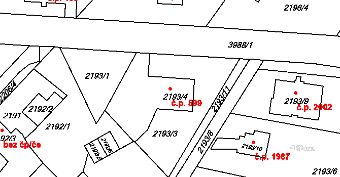 Hranice 599, Karviná na parcele st. 2193/4 v KÚ Karviná-město, Katastrální mapa