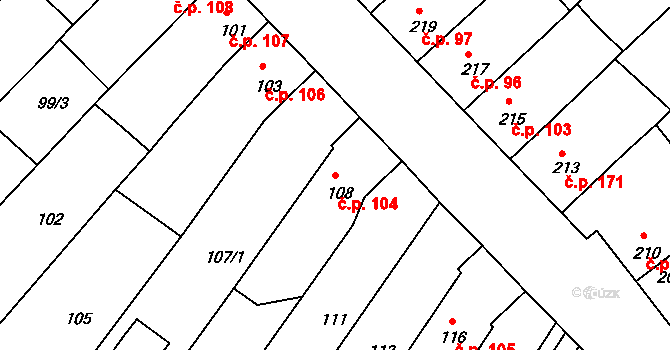Radostice 104 na parcele st. 108 v KÚ Radostice u Brna, Katastrální mapa
