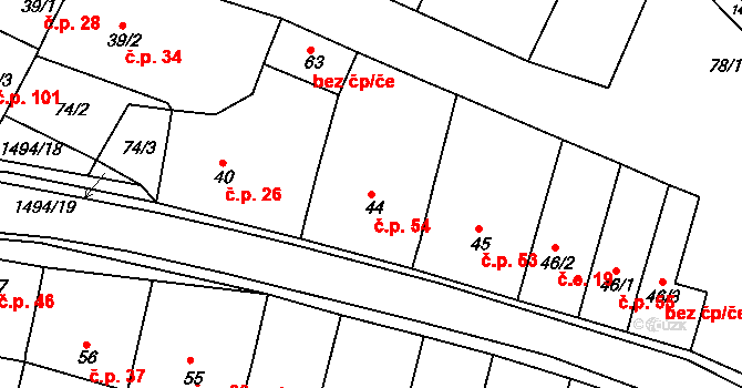 Újezd u Rosic 54 na parcele st. 44 v KÚ Újezd u Rosic, Katastrální mapa