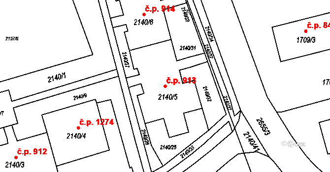 Prostřední Suchá 913, Havířov na parcele st. 2140/5 v KÚ Prostřední Suchá, Katastrální mapa