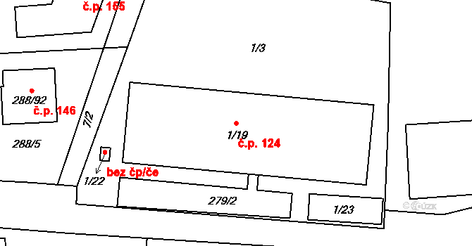 Pávov 124, Jihlava na parcele st. 1/19 v KÚ Pávov, Katastrální mapa