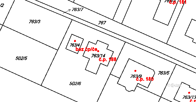 Pertoltice pod Ralskem 188 na parcele st. 763/14 v KÚ Pertoltice pod Ralskem, Katastrální mapa