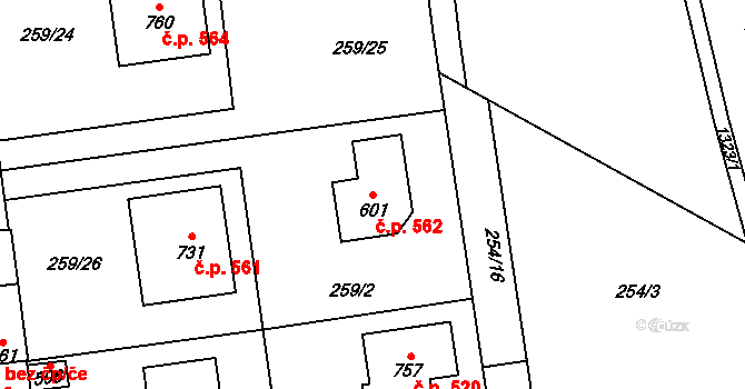 Vysoká nad Labem 562 na parcele st. 601 v KÚ Vysoká nad Labem, Katastrální mapa