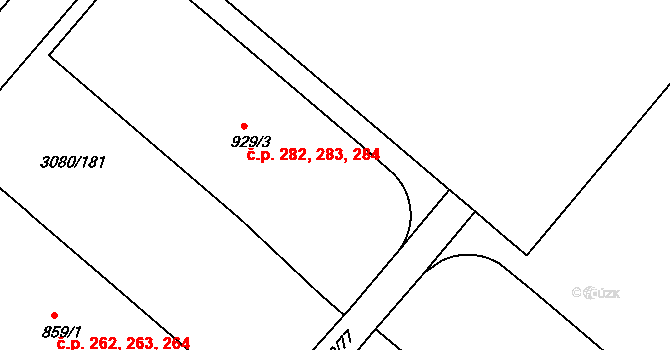 Týnec nad Sázavou 282,283,284 na parcele st. 929/3 v KÚ Týnec nad Sázavou, Katastrální mapa