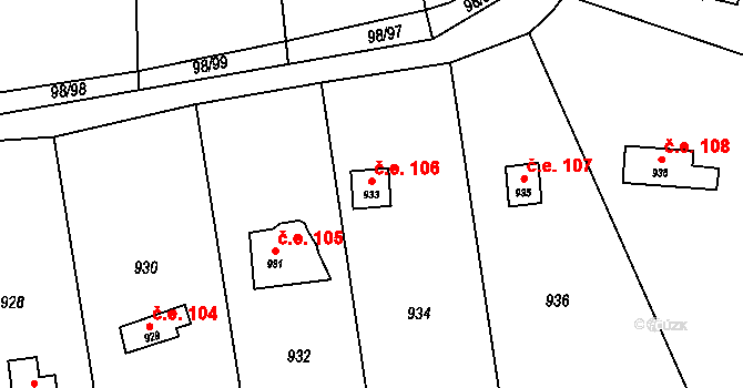 Čimice 106, Praha na parcele st. 933 v KÚ Čimice, Katastrální mapa