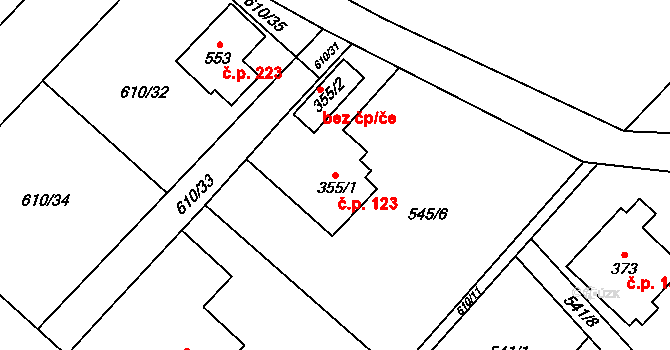 Horní Lhota 123 na parcele st. 355/1 v KÚ Horní Lhota u Ostravy, Katastrální mapa