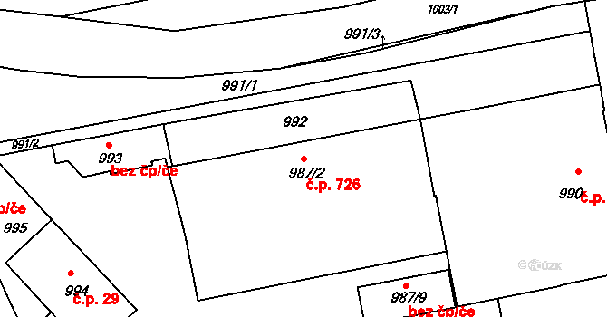 Komárov 726, Brno na parcele st. 987/16 v KÚ Komárov, Katastrální mapa