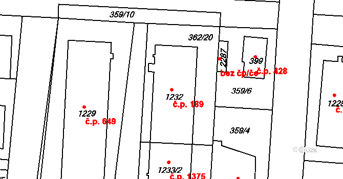 Neratovice 189 na parcele st. 1232 v KÚ Neratovice, Katastrální mapa