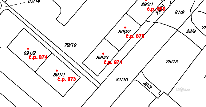 Neratovice 871 na parcele st. 890/3 v KÚ Neratovice, Katastrální mapa