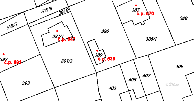 Libčice nad Vltavou 638 na parcele st. 389 v KÚ Chýnov, Katastrální mapa