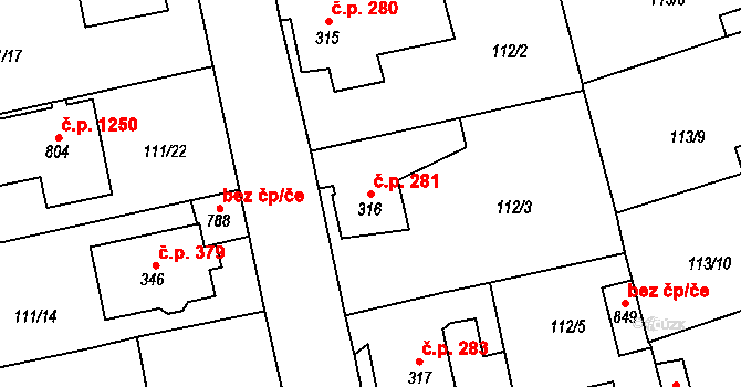 Rudná 281 na parcele st. 316 v KÚ Dušníky u Rudné, Katastrální mapa