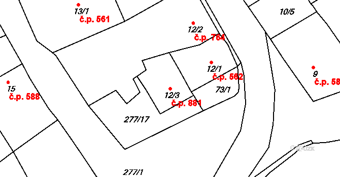 Rudná 881 na parcele st. 12/3 v KÚ Hořelice, Katastrální mapa