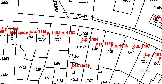 Louny 1184 na parcele st. 1203/1 v KÚ Louny, Katastrální mapa