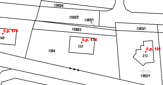 Rájec 174 na parcele st. 232 v KÚ Rájec u Zábřeha, Katastrální mapa