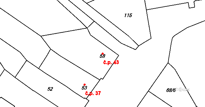 Derflice 43, Znojmo na parcele st. 58 v KÚ Derflice, Katastrální mapa