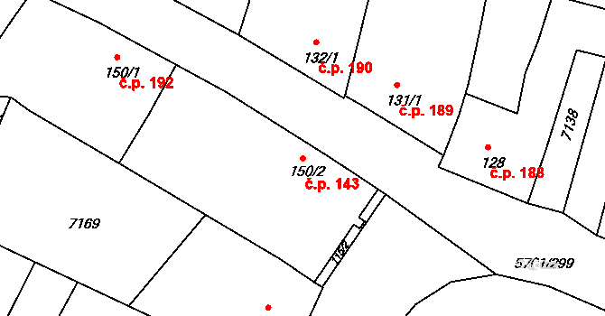 Hrádek 143 na parcele st. 150/2 v KÚ Hrádek u Znojma, Katastrální mapa