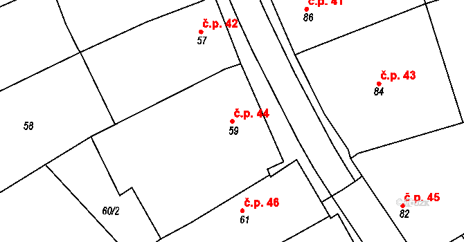 Sedlešovice 44, Nový Šaldorf-Sedlešovice na parcele st. 59 v KÚ Sedlešovice, Katastrální mapa