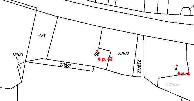 Kunětice 42 na parcele st. 66 v KÚ Kunětice, Katastrální mapa