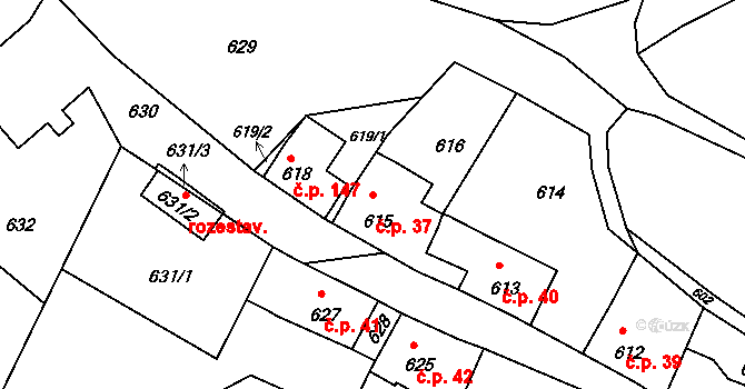 Mimoň II 37, Mimoň na parcele st. 615 v KÚ Mimoň, Katastrální mapa
