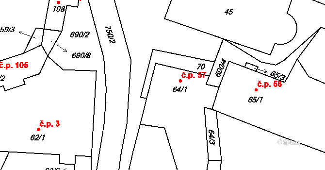 Býčkovice 57 na parcele st. 64/1 v KÚ Býčkovice, Katastrální mapa
