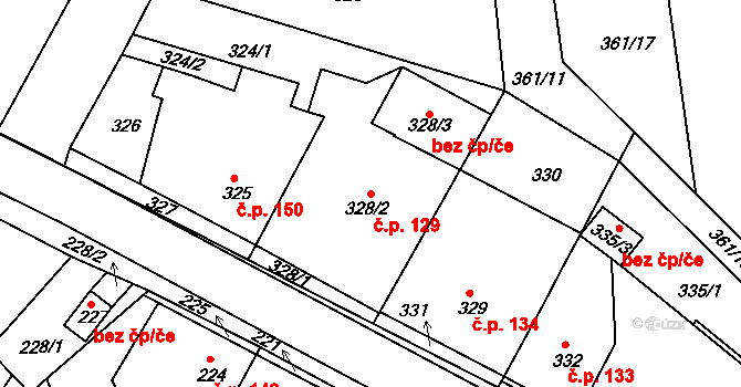 Mstišov 129, Dubí na parcele st. 328/2 v KÚ Mstišov, Katastrální mapa