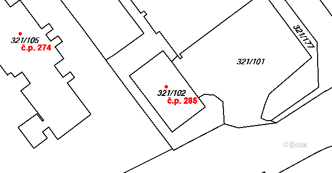 Prosetice 285, Teplice na parcele st. 321/102 v KÚ Prosetice, Katastrální mapa